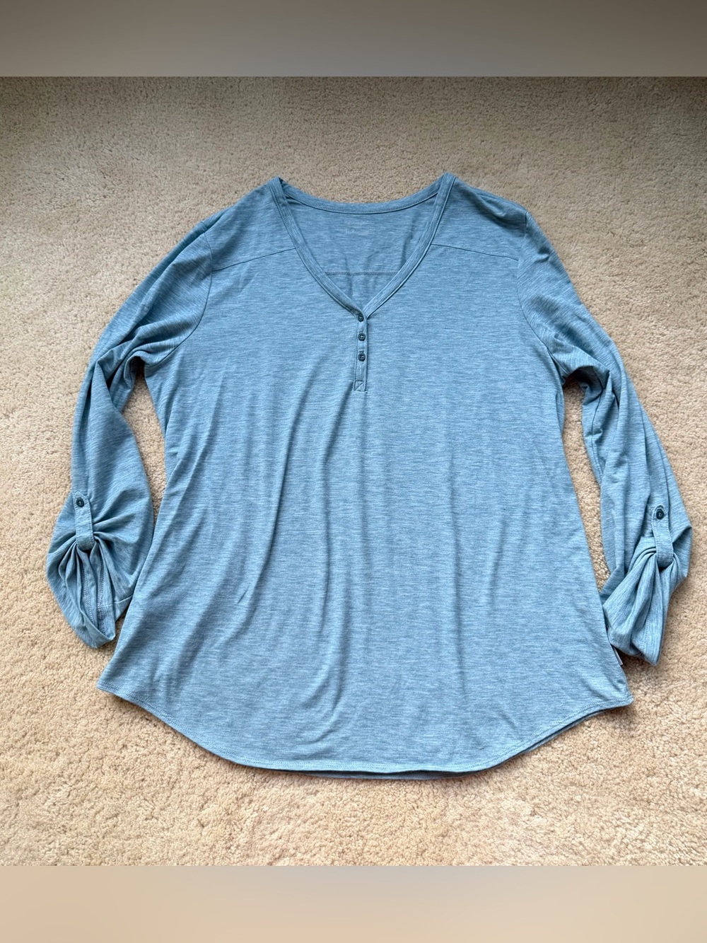 Eddie Bauer Women’s Heather Green Roll Tab Sleeve Henley Shirt - XL - VGUC